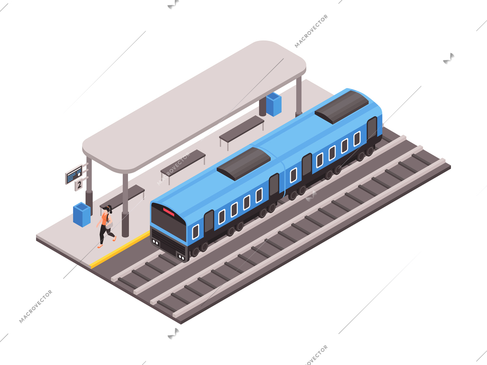 Isometric icon with train station and woman going along platform 3d vector illustration