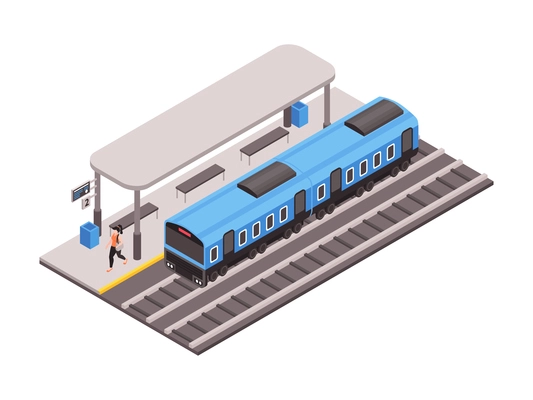 Isometric icon with train station and woman going along platform 3d vector illustration