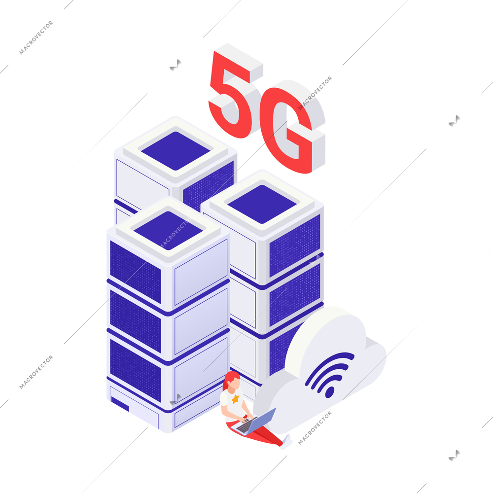 5g internet concept with woman working on laptop and data center isometric vector illustration