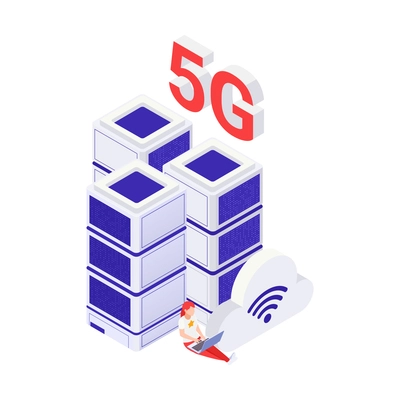 5g internet concept with woman working on laptop and data center isometric vector illustration