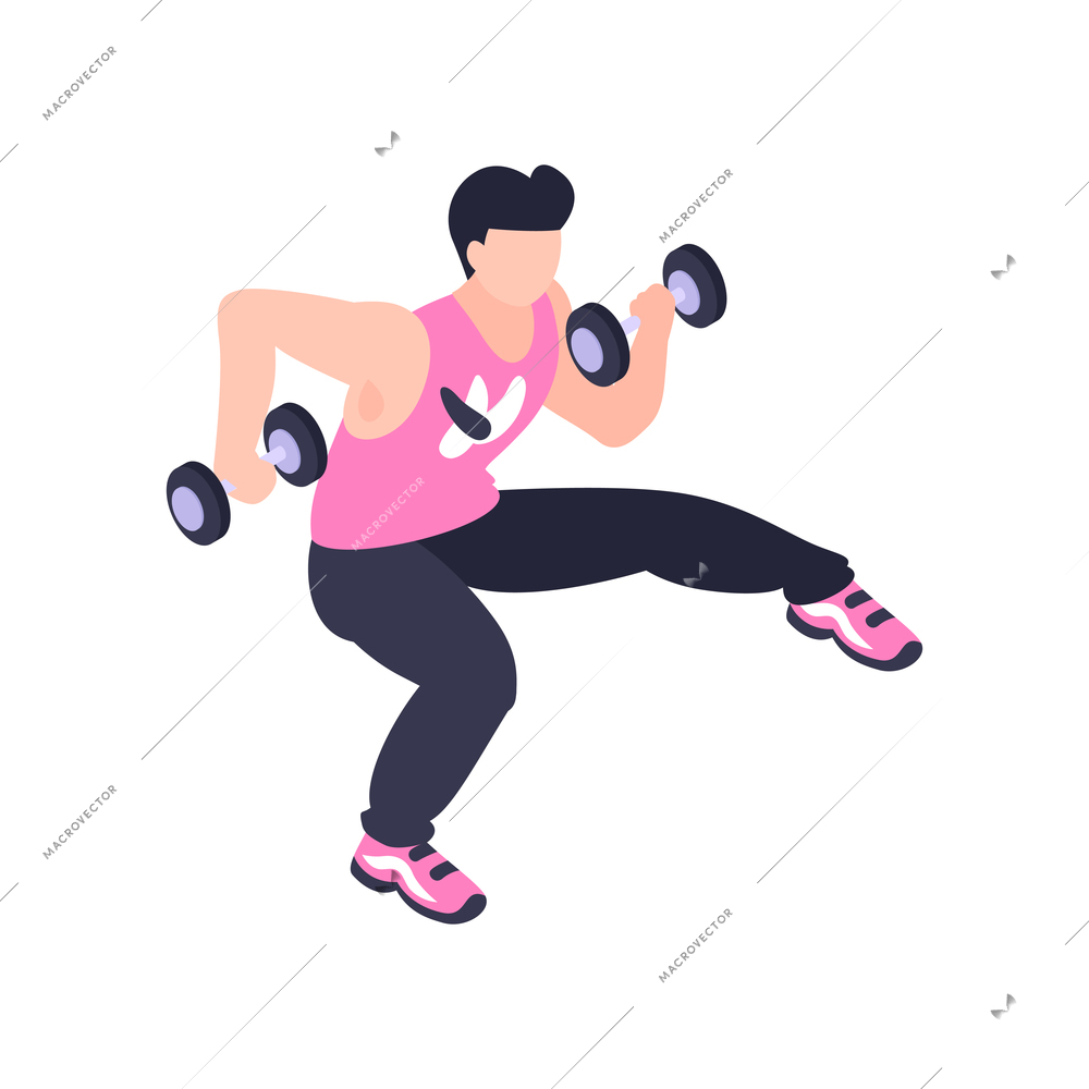 Isometric icon with man character doing fitness at home vector illustration