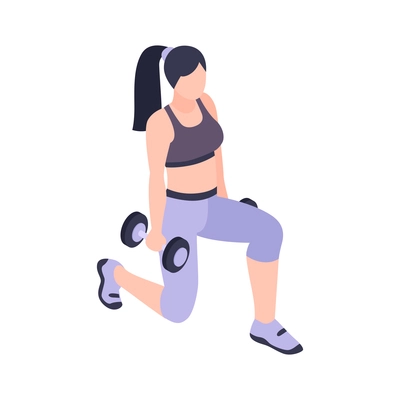 Woman doing fitness with dumbbells on white background isometric vector illustration