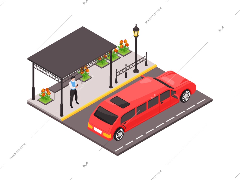 Public transport icon with man standing at beautiful clean bus stop and red luxurious car 3d vector illustration