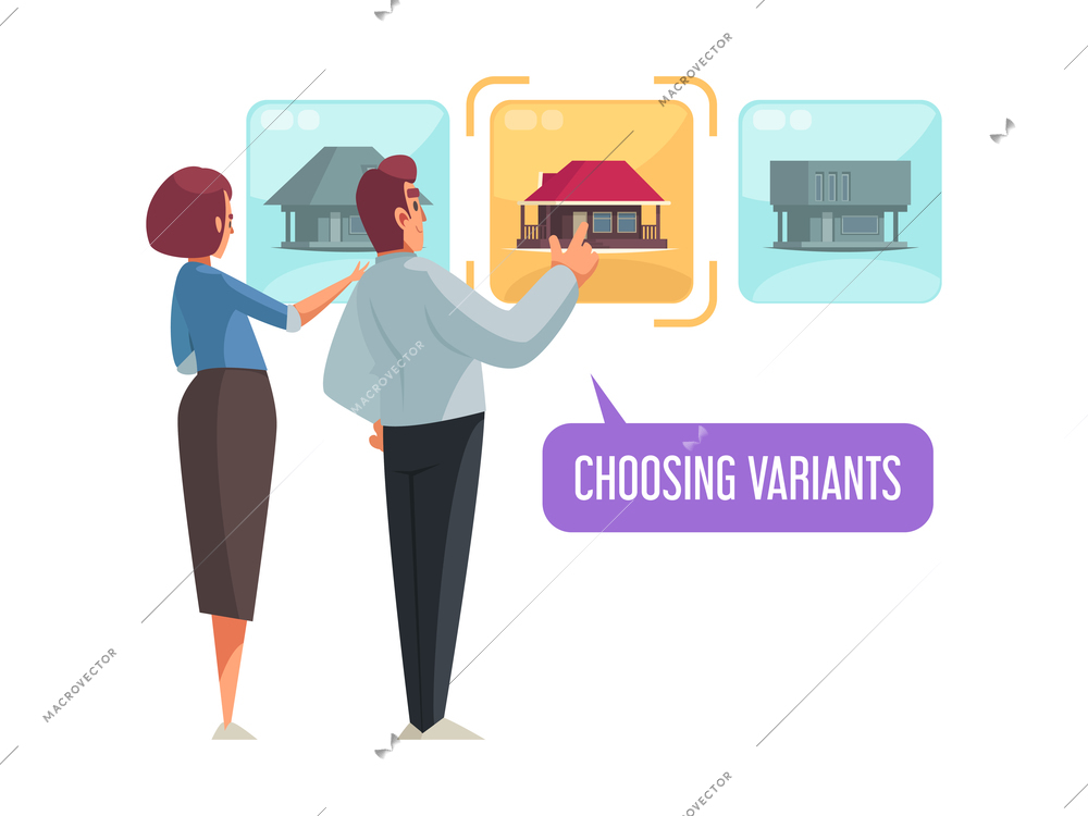 Mortgage credit icon with people choosing house cartoon vector illustration