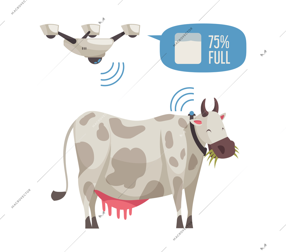 Smart farm flat icon with cow and flying automatic drone vector illustration