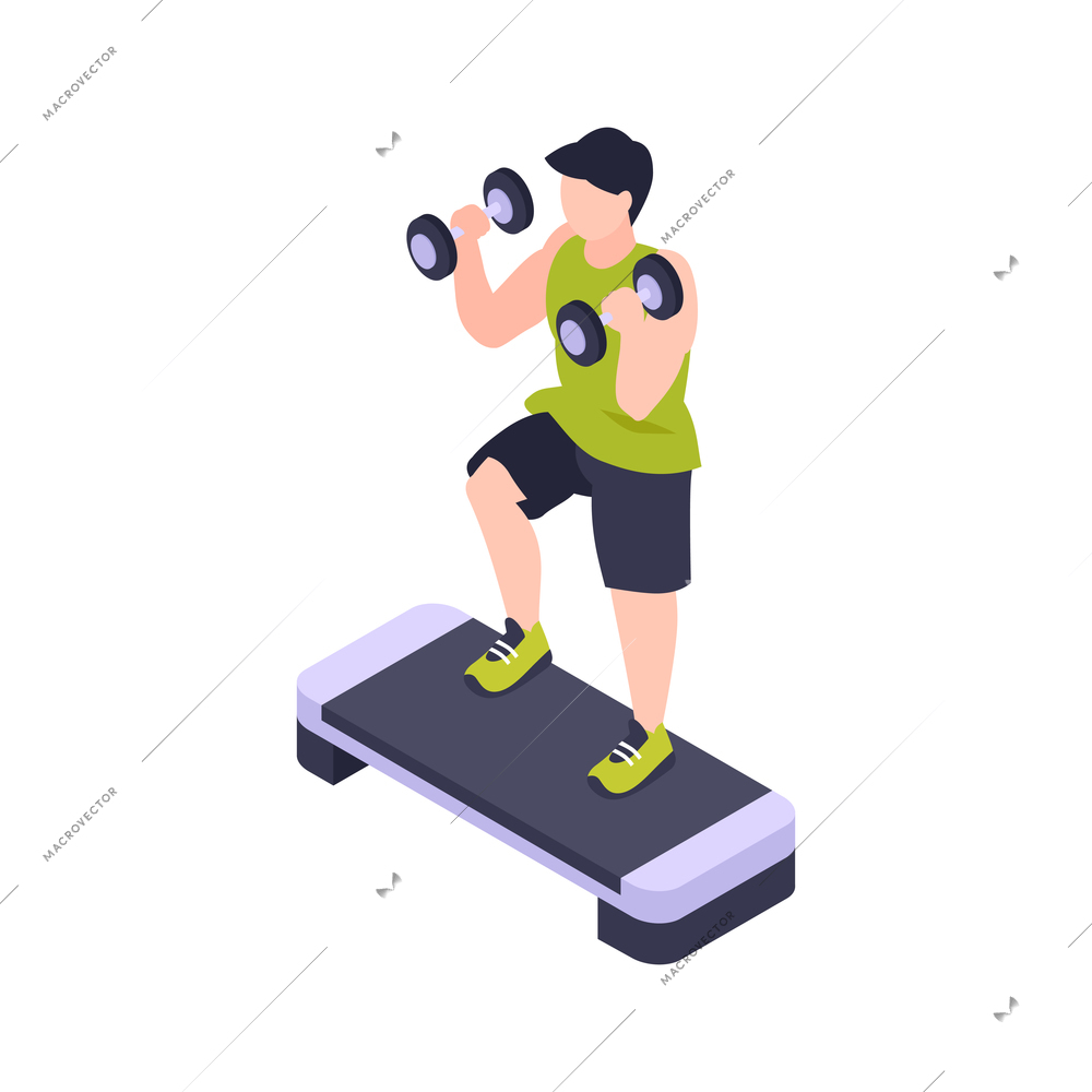 Man doing fitness with stepper and dumbbells isometric icon 3d vector illustration