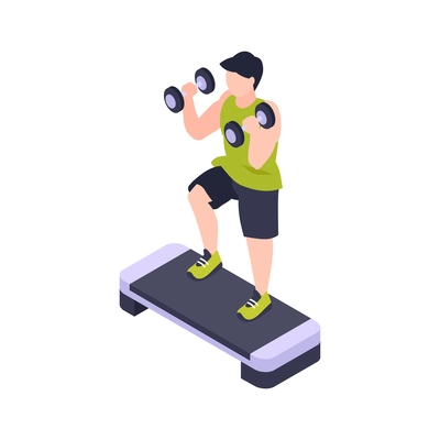 Man doing fitness with stepper and dumbbells isometric icon 3d vector illustration