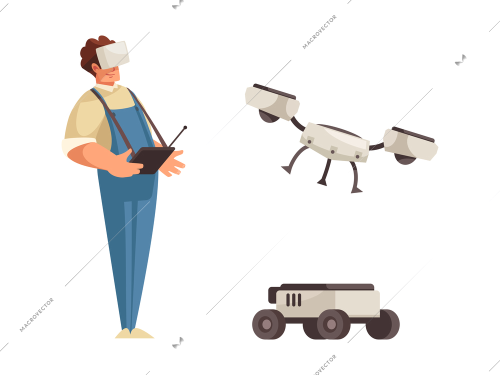 Man in uniform controlling flying drone and automatic vehicle flat isolated vector illustration