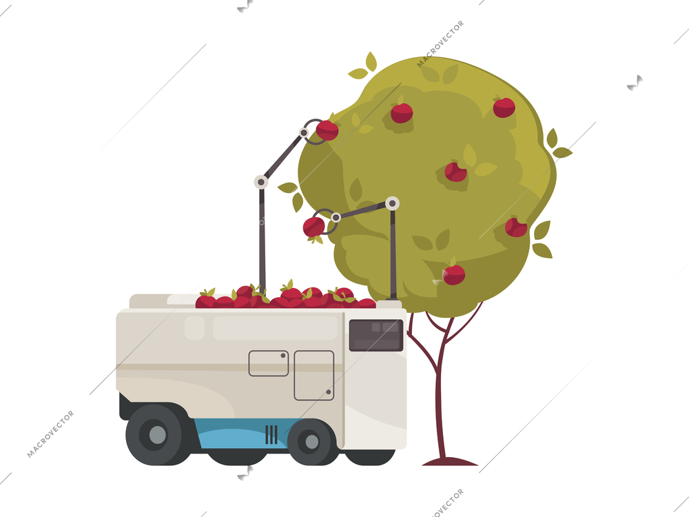 Automated machine with robotic arms collecting apples from tree flat smart farm icon vector illustration