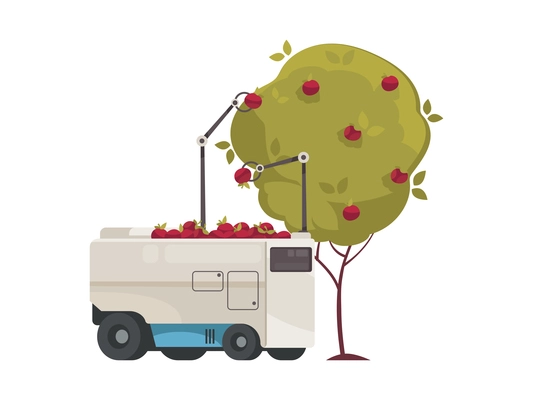 Automated machine with robotic arms collecting apples from tree flat smart farm icon vector illustration