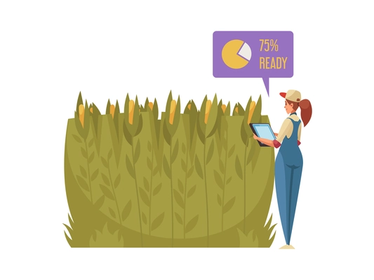 Smart farm icon with woman controlling harvest grow with electronic device flat vector illustration