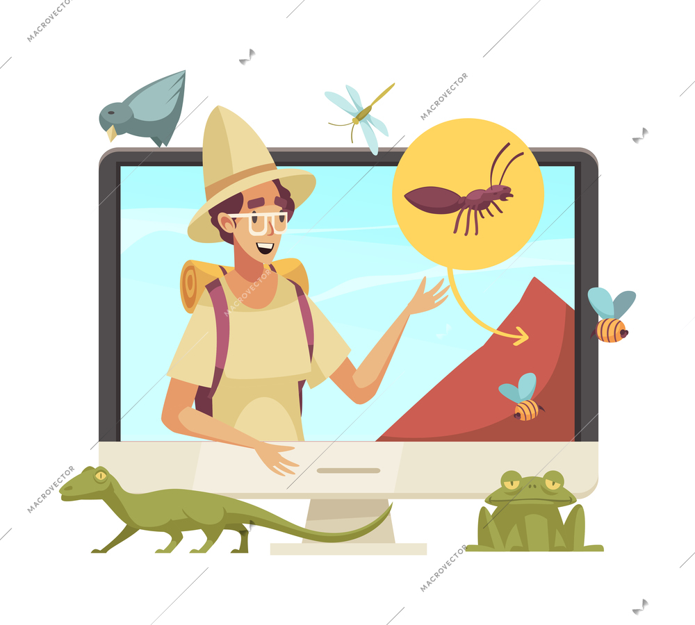 Happy blogger character telling about insects and animals online cartoon vector illustration