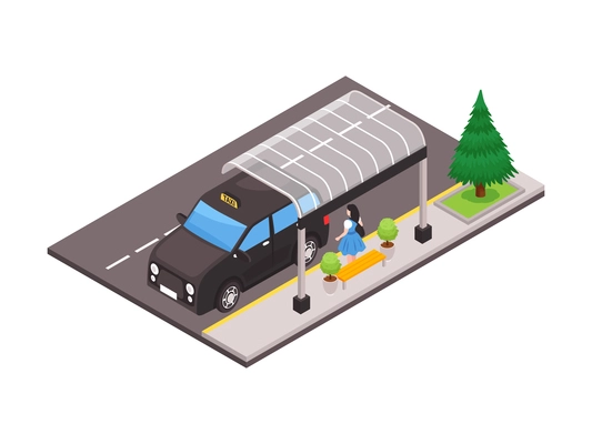 Isometric icon with back view of woman at city bus shelter and black taxi car vector illustration