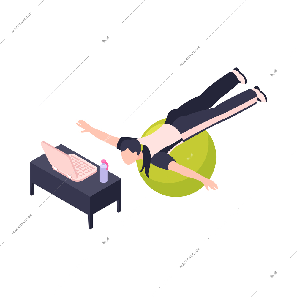 Woman doing fitness on fitball at home while watching video isometric icon vector illustration