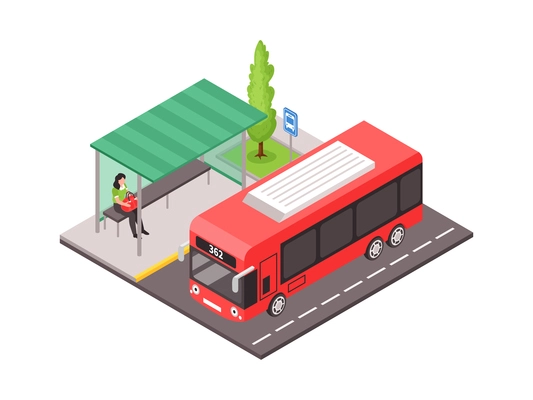 Isometric icon with public transport and woman sitting at bus stop 3d vector illustration