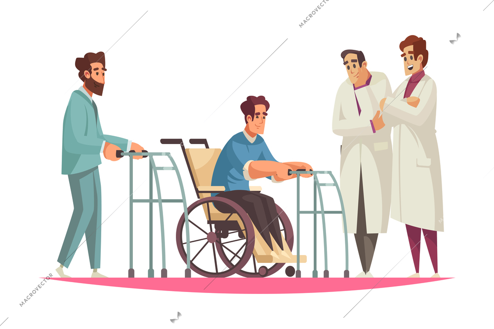 Cartoon physiotherapy composition with patient in wheelchair and physiotherapists vector illustration