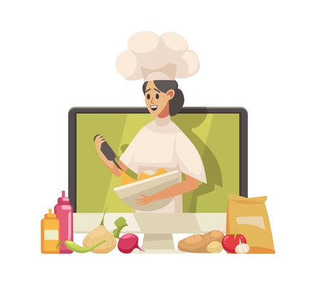 Cooking food blogger cartoon icon with woman character on computer monitor vector illustration