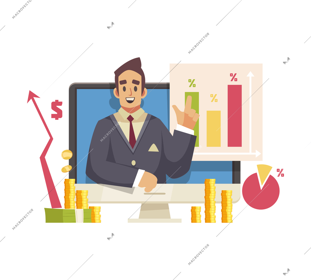 Male blogger streaming video on finance and banking cartoon vector illustration