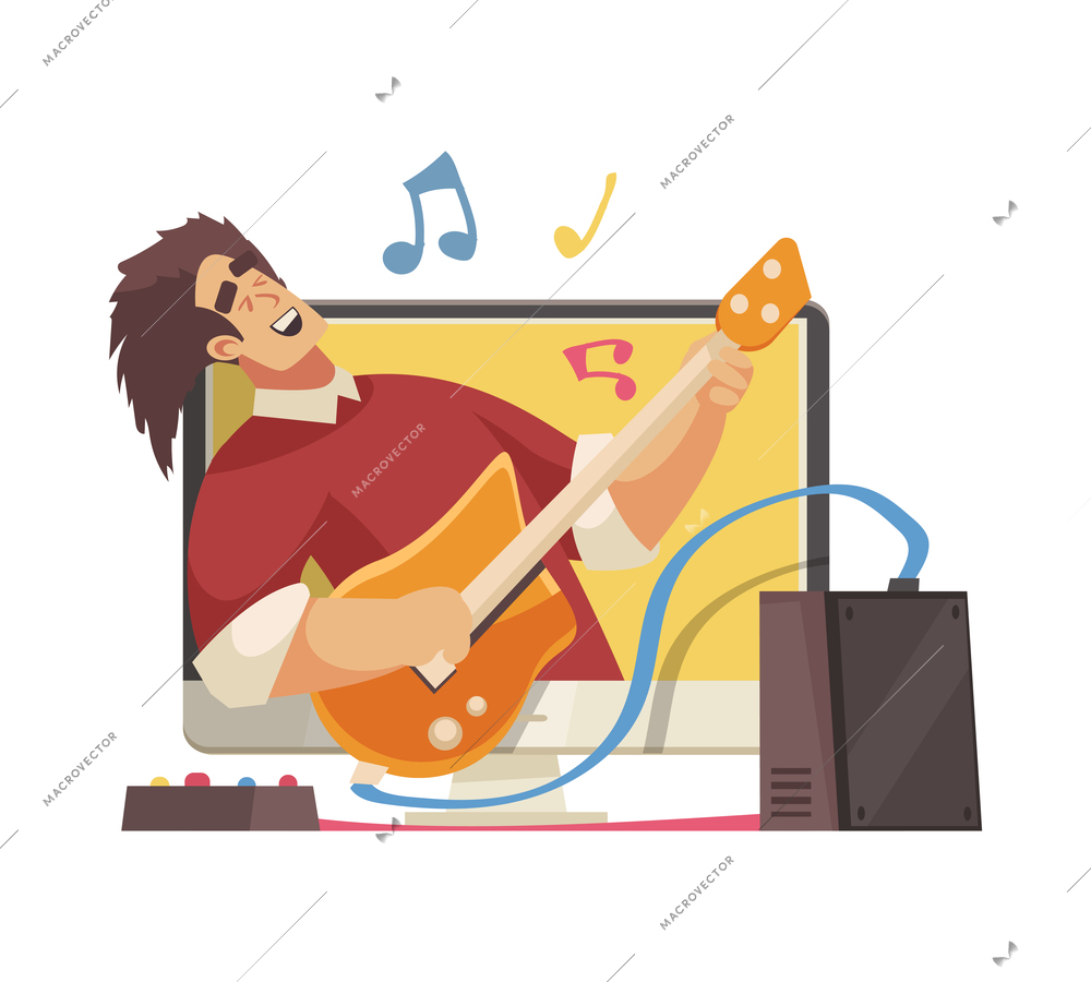 Cartoon icon with music blogger playing guitar live vector illustration