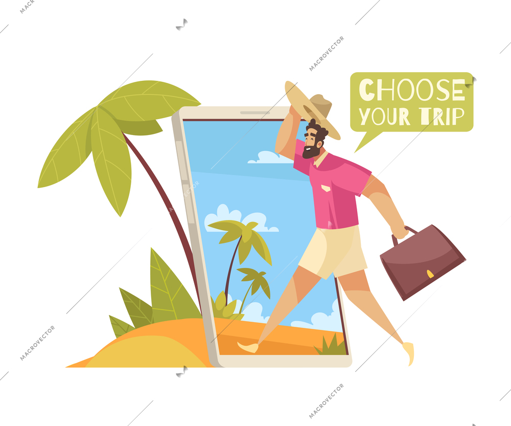 Travel booking in mobile app composition with cartoon character going on vacation with bag vector illustration