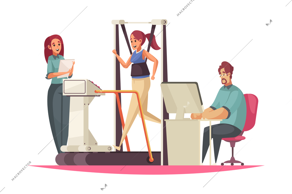 Physiotherapy cartoon composition with physiotherapist working with patient vector illustration