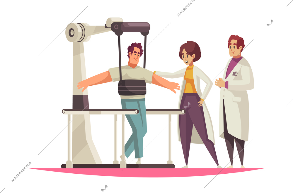 Physiotherapy cartoon composition with patient and two doctors vector illustration