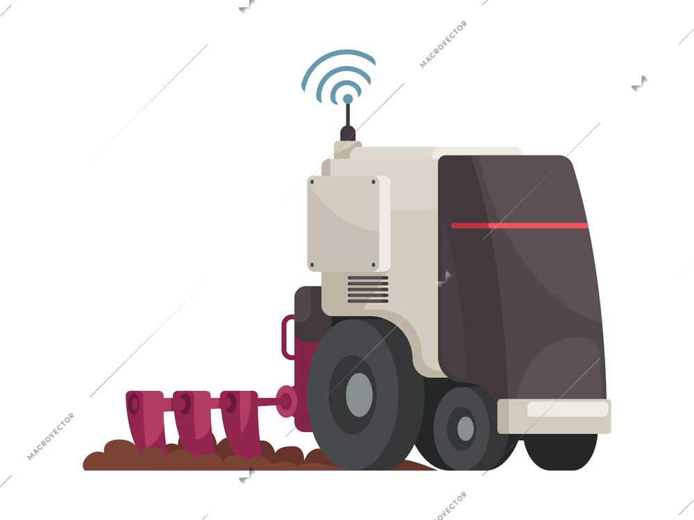 Smart farm flat icon with automated machine ploughing earth vector illustration