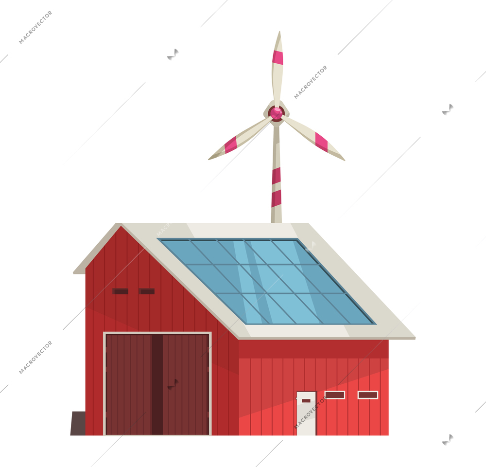 Modern granary building with solar panel and wind mill flat icon vector illustration