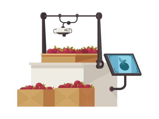 Smart farm equipment and boxes with ripe apples flat icon vector illustration