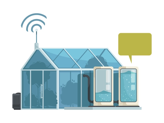 Modern greenhouse with remotely controlled equipment flat icon vector illustration