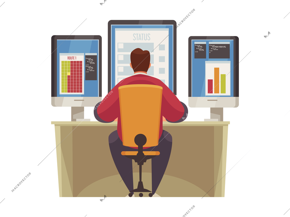Back view of man sitting in front of three computer screens monitoring charts flat vector illustration