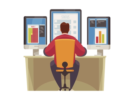 Back view of man sitting in front of three computer screens monitoring charts flat vector illustration