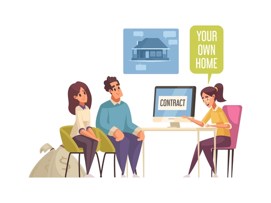 Cartoon icon with happy family taking out mortgage signing contract vector illustration