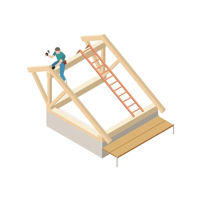 Roofer with hammer making wooden roof construction isometric icon vector illustration
