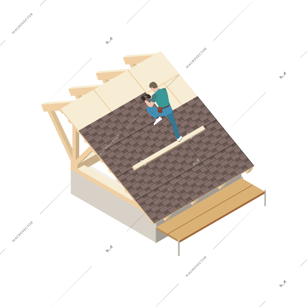 Isometric professional roofer working on roof of unfinished building 3d vector illustration