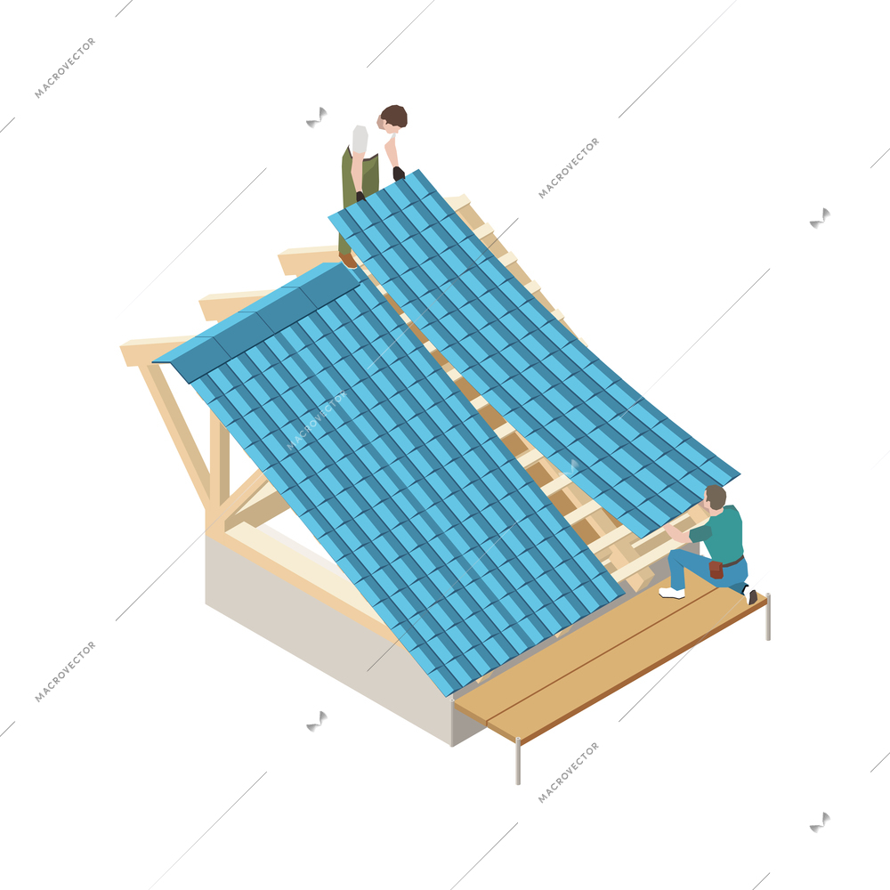 Isometric icon with two roofers installing flexible metal sheets on house roof 3d vector illustration