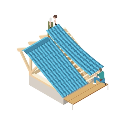 Isometric icon with two roofers installing flexible metal sheets on house roof 3d vector illustration