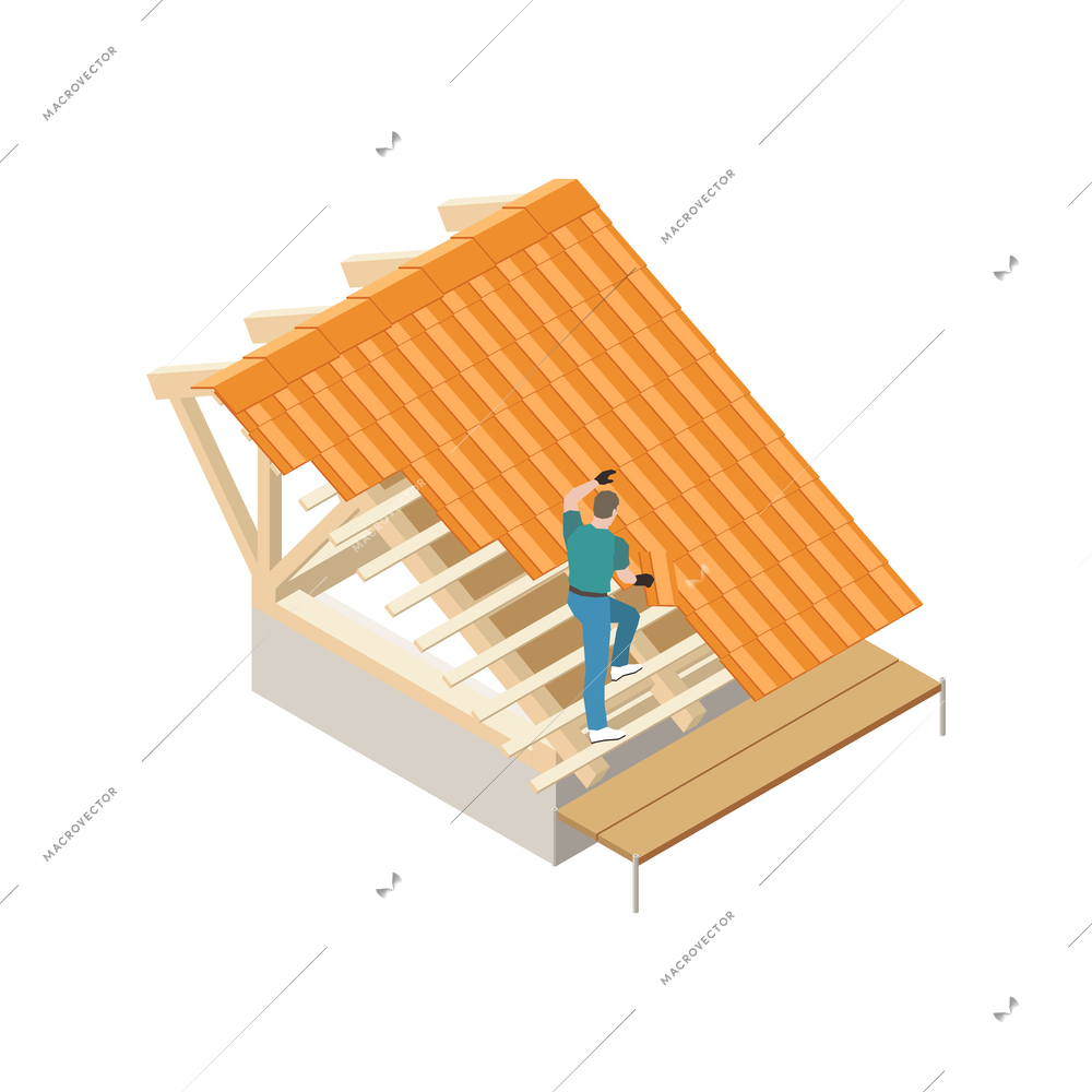 Worker putting tiles on house roof isometric vector illustration