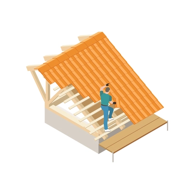 Worker putting tiles on house roof isometric vector illustration