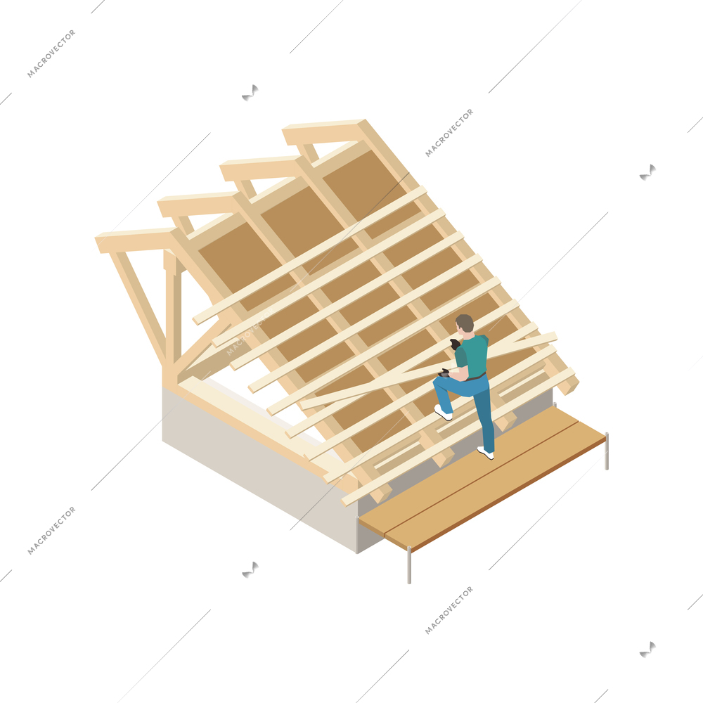 Isometric icon with roofer working on roof structure vector illustration