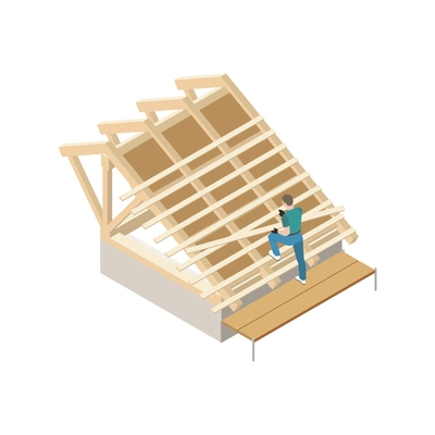 Isometric icon with roofer working on roof structure vector illustration