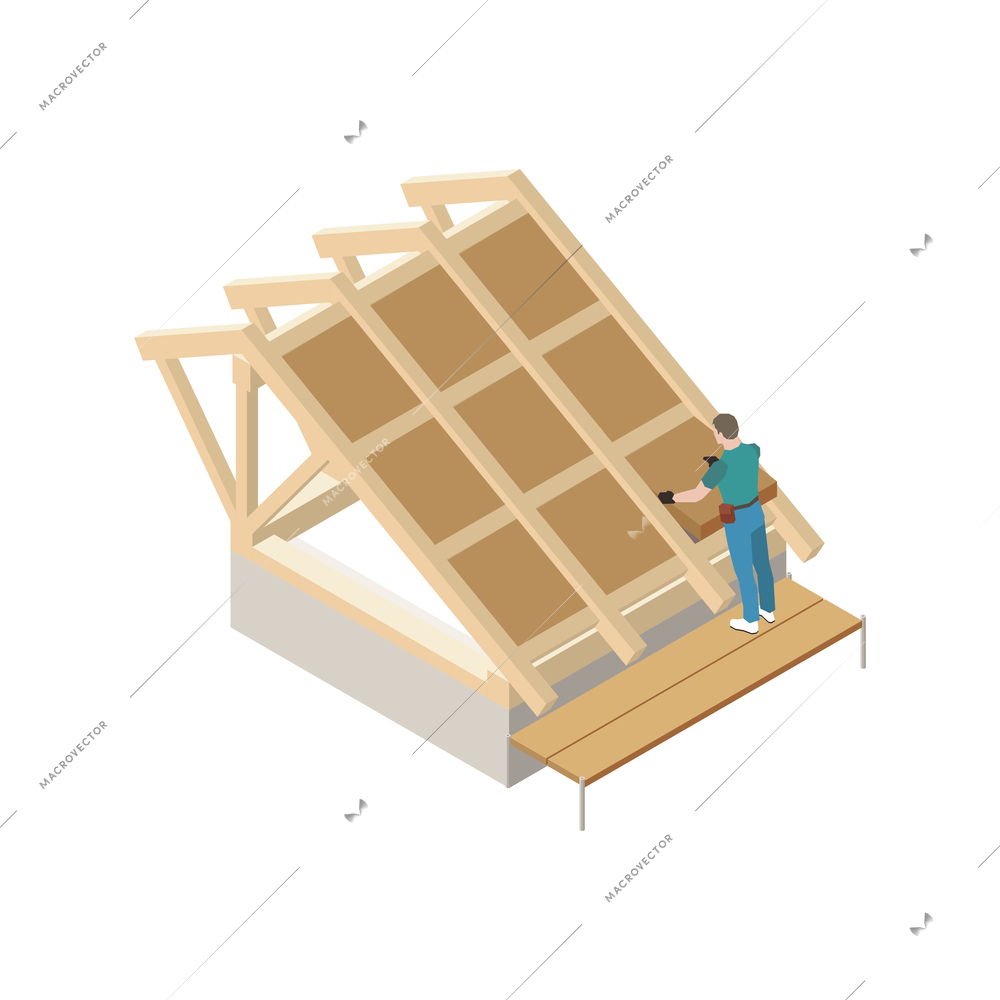 Roofing isometric icon with worker putting thermal insulation on roof vector illustration