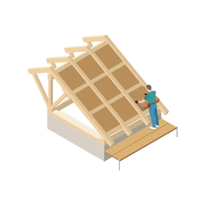 Roofing isometric icon with worker putting thermal insulation on roof vector illustration