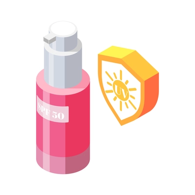 Isometric bottle of sunscreen with spf 50 on white background 3d vector illustration