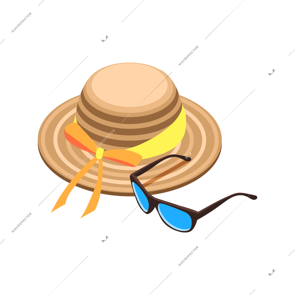 Sun protection isometric icon with hat and sunglasses 3d vector illustration