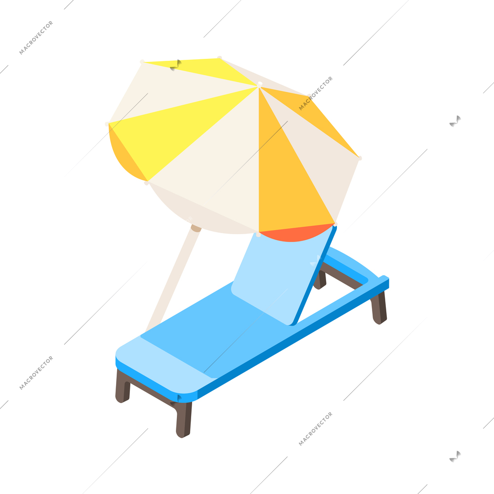 Blue beach lounge and umbrella isometric icon on white background vector illustration