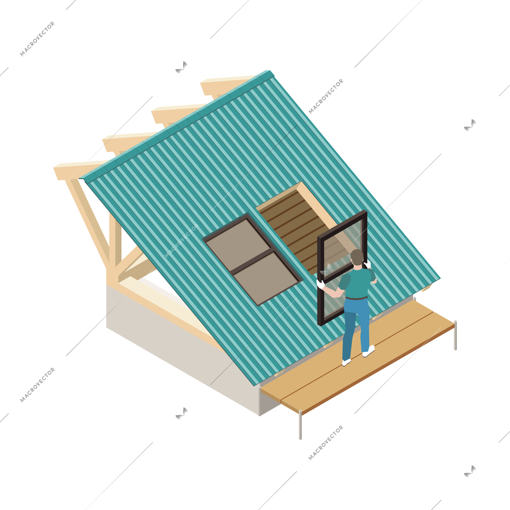 Roofer installing window on house roof 3d isometric vector illustration