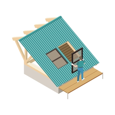 Roofer installing window on house roof 3d isometric vector illustration