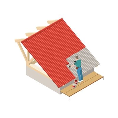 Worker painting metal roof in red color isometric vector illustration