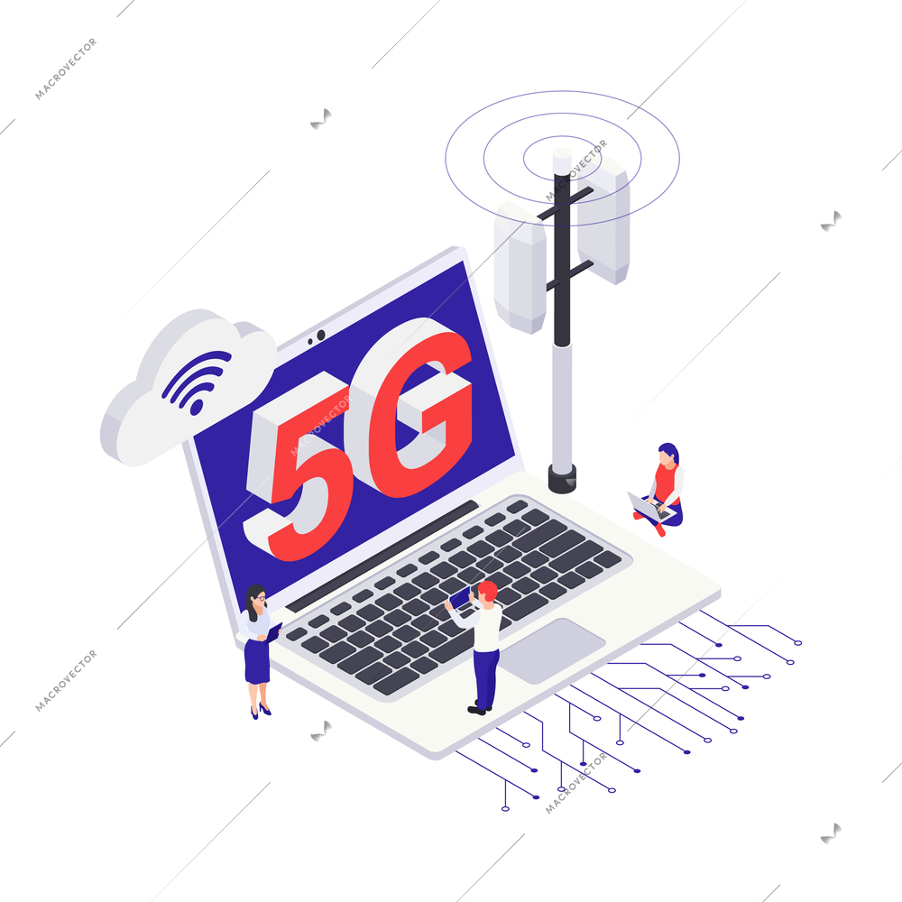 Isometric 5g internet icon with laptop transmitter tower and human characters 3d vector illustration